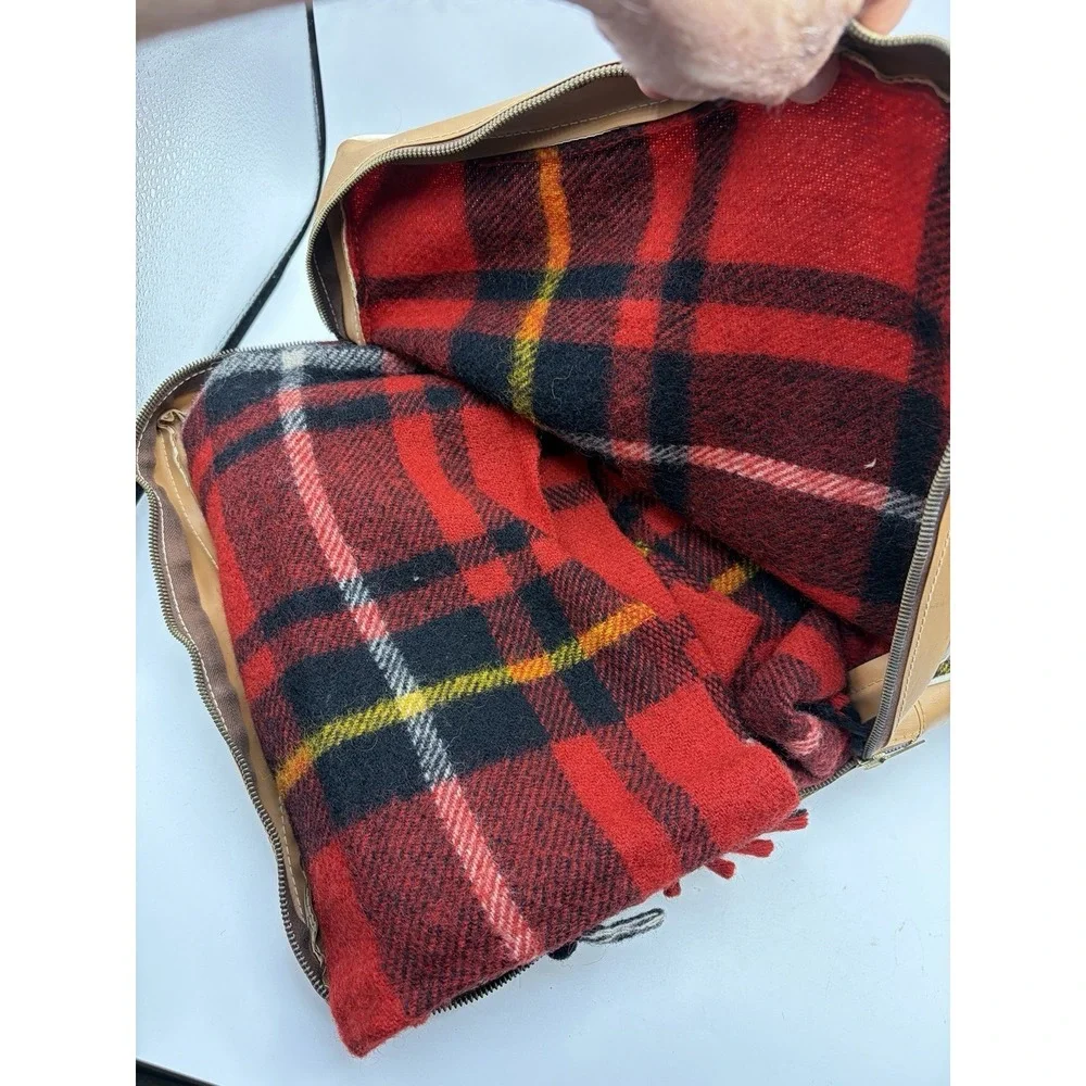 Vintage PAK-A-ROBE Red Plaid Wool Travel Blanket w Carry Case 68x41 Minnesota